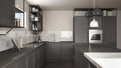 Modern dark gray kitchen with wooden details