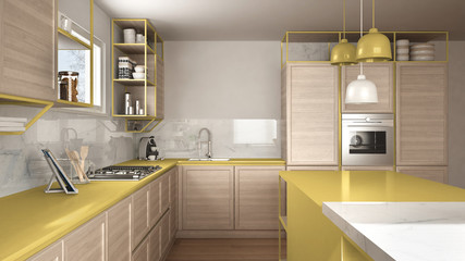 Modern white and yellow kitchen with wooden details and parquet floor, modern pendant lamps, minimalistic interior design concept idea, island with stools and accessories