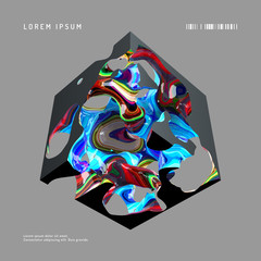 Abstract vector background. Modern composition with black cube and multi-colored entrails, wall art poster template.