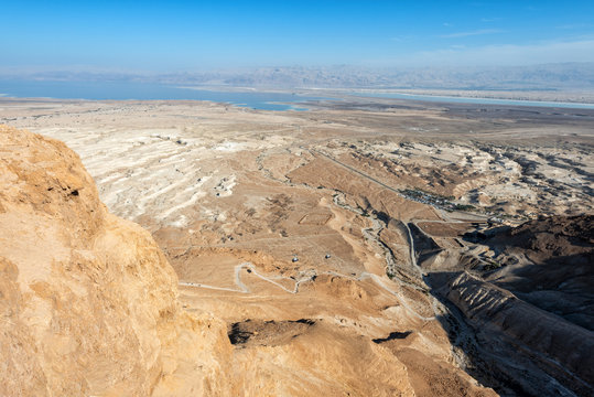 View of canyon from top of the Masada National Park, the ruins of the palace of King Herod's Masada in the Dead Sea region of Israel.