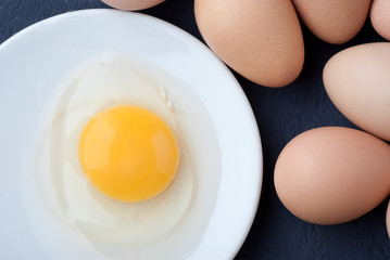 Raw egg guinea fowl in a white plate on a blue background