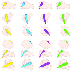 Collection of hand-drawn white men's hands holding a highlighter in different positions and colors. yellow, blue, green, pink, vector graphics.