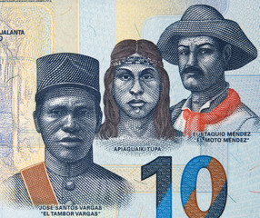 Jose Santos Vargas, Eustaquio Mendez and Apiaguaiki Tumpa on Bolivia 10 bolivianos banknote. National heros of Bolivia.