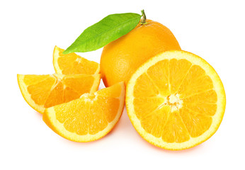 Fresh oranges (Citrus) with leaves isolated on white background, including clipping path without shade. Germany