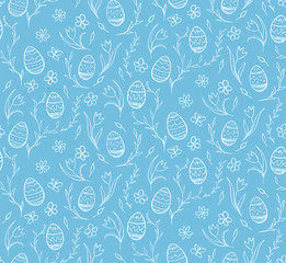 Seamless pattern sketches of easter eggs and flowers on a blue background.