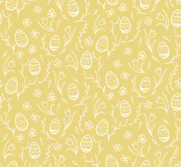 Seamless pattern sketches of easter eggs and flowers on a yellow background.