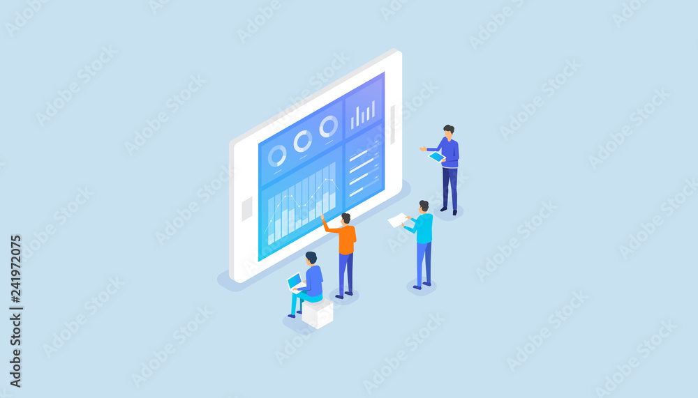 Aufkleber isometric business analyst team on report graph dashboard monitor and business team working meeting 