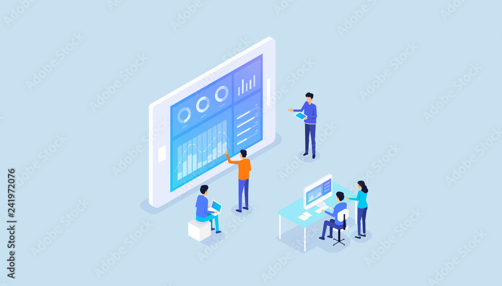 Aufkleber isometric business analyst team on report graph dashboard monitor and business team working meeting 