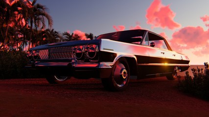 The image of the car against a sunset  3D illustration