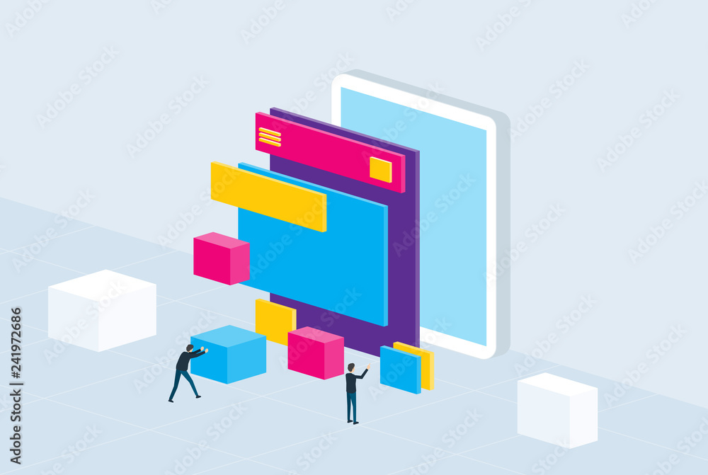 Poster isometric flat mobile application development and design process concept
