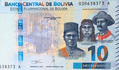 Bolivia 10 bolivianos (2018) banknote, Bolivian money currency close up. Bolivia economy.