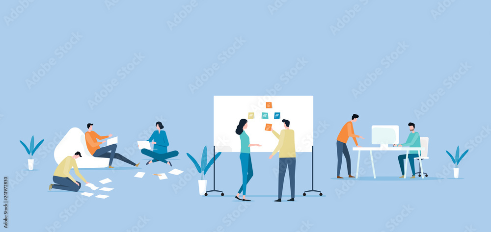 Poster flat vector business team working  and project collaboration procss meeting concept