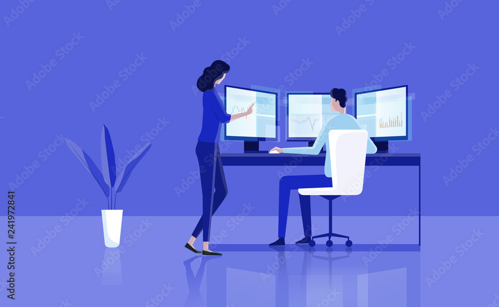 Poster flat illustration business team analyzing financial and investment graph on dashboard monitor  concept