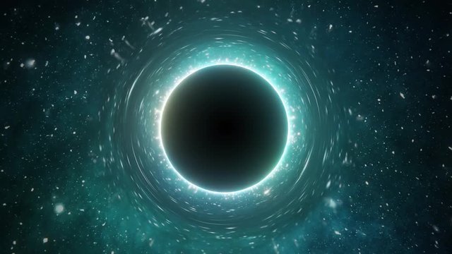 Singularity of massive black hole and stars in background. 3D rendered looping animation.