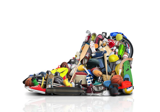 Great sneaker made up of different sneakers and sports accessories