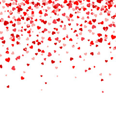 Valentines Day Falling Red Hearts On White Background. Heart Shaped Paper Confetti. February 14 Greeting Card.