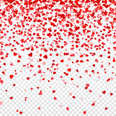 Fototapeta na wymiar Valentines Day Background With Falling Red Hearts. Heart Shaped Paper Confetti. February 14 Greeting Card.