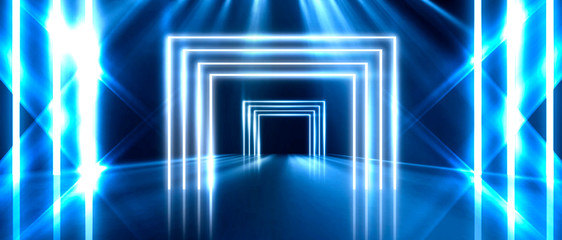 Background of empty room, lamps, neon light, smoke, fog. Neon Light Tunnel, Space Portal