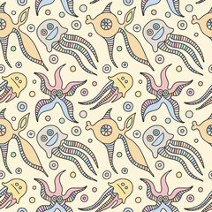 Seamless vector colorful background with hand drawn decorative childlike fish, jellyfish, octopus, starfish. Graphic illustration. Print for wrapping, wallpaper, background, surface, packaging