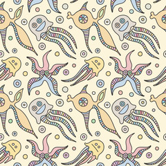 Naklejka premium Seamless vector colorful background with hand drawn decorative childlike fish, jellyfish, octopus, starfish. Graphic illustration. Print for wrapping, wallpaper, background, surface, packaging