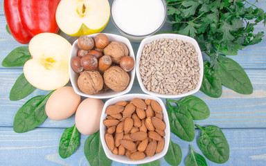 The ingredients of the dishes containing vitamin E. A healthy diet.