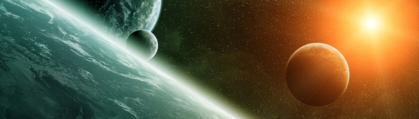 Fototapeta premium Panoramiczny widok planet w odległym układzie słonecznym Elementy renderowania 3D tego obrazu dostarczone przez NASA