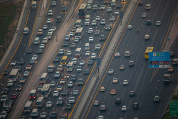 Top view of numerous cars in a traffic jam in Dubai, United Arab Emirates