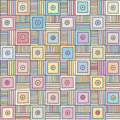 Seamless vector pattern. Pink geometrical hand drawn background with figures, squares, circle, dots, lines. Print for background, wallpaper, packaging, wrapping, fabric.