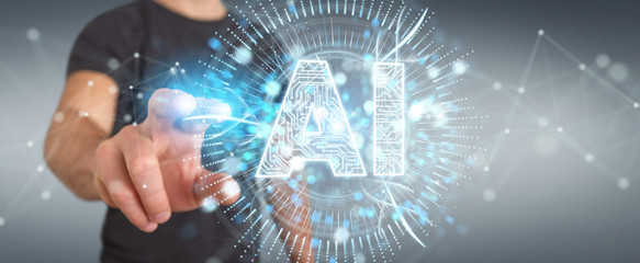 Businessman using digital artificial intelligence icon hologram 3D rendering