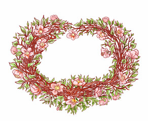Branches of sakura or a flowering peach tree in the shape of a heart. Decorative hand drawn heart for design postcard, congratulation on Valentine's Day