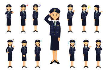 警察官　女性　色々な表情とポーズ　セット　全身