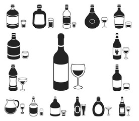 Types of alcohol black icons in set collection for design. Alcohol in bottles vector symbol stock web illustration.