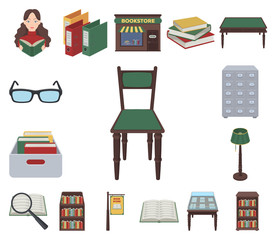 Library and bookstore cartoon icons in set collection for design. Books and furnishings vector symbol stock web illustration.