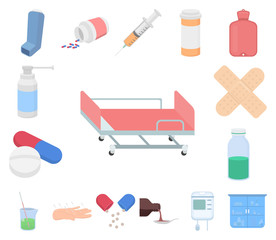 Medicine and treatment cartoon icons in set collection for design. Medicine and equipment vector symbol stock web illustration.