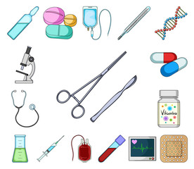 Medicine and treatment cartoon icons in set collection for design. Medicine and equipment vector symbol stock web illustration.