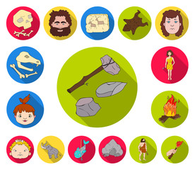 Life in the Stone Age flat icons in set collection for design. Ancient people vector symbol stock web illustration.