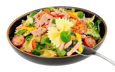 Ham and pasta salad meal isolated on a white background