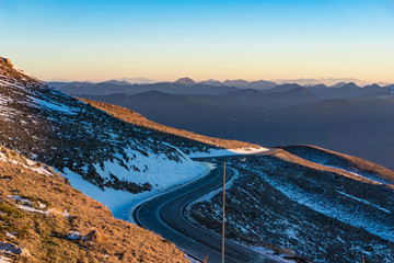 Panoramic view of the mountains of Evritania in Greece on sunset. View from Velouchi mountain