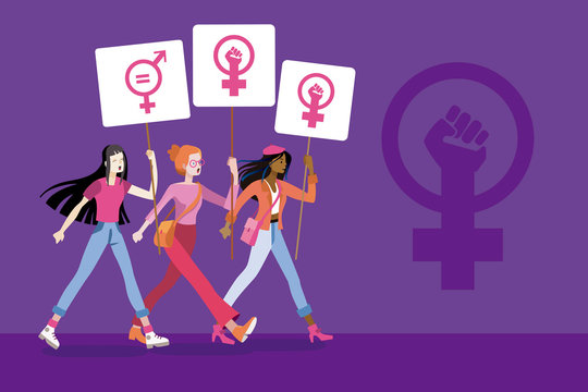 Women with placards with the symbol of feminist fight
