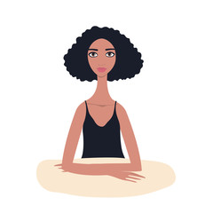 Lovely young Beautiful Mixed race girl with black curly hair wearing black sleeveless top sitting at table African American Asian Arabic Indian Exotic person portrait isolated on white background.