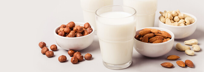 Different types of vegan non diary milk. Health care and diet concept. Banner format