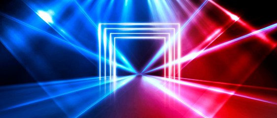 Obraz premium Abstract arch, neon light, rays. Abstraction of a blue background with red reflections.