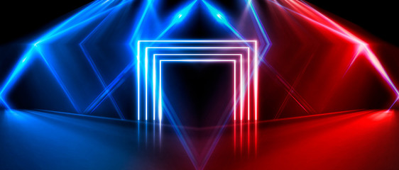 Abstract arch, neon light, rays. Abstraction of a blue background with red reflections.