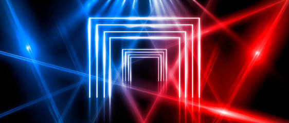 Abstract arch, neon light, rays. Abstraction of a blue background with red reflections.