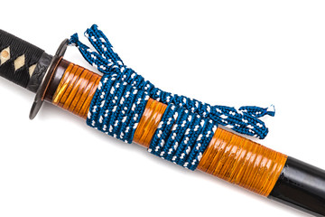 Blue sageo: cord for tie the rattan wrapped scabbard of Japanese sword and steel fitting isolated...