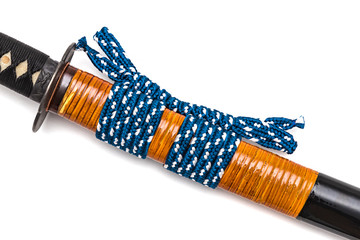 Blue sageo: cord for tie the rattan wrapped scabbard of Japanese sword and steel fitting isolated in white background.