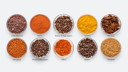 Collection of different spices on white background