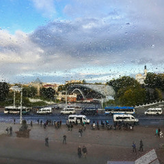 Square Slavic bazaar in Vitebsk in Eastern Europe urban landscape in Belarus in the regional town during the clouds and rain