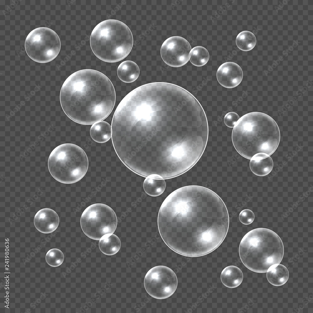 Poster Realistic soap bubbles. White 3D soap sphere, clear shampoo bubble. Water ball with reflections vector transparent template