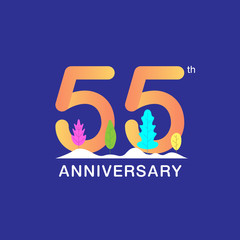 55 years anniversary celebration logotype. Multicolor number with modern leaf and snow background. Design for booklet, leaflet, magazine, brochure, poster, web, invitation or greeting card.